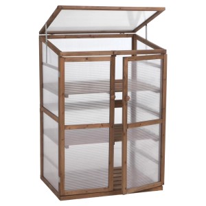 Dunkelbraunes MCW Gewächshaus Q13 aus Holz mit geöffneter Tür und Dach, 110x76x57cm.