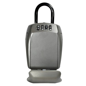 Grauer Master Lock Schlüsseltresor 5414EURD mit Bügelhalterung und Zahlencode.