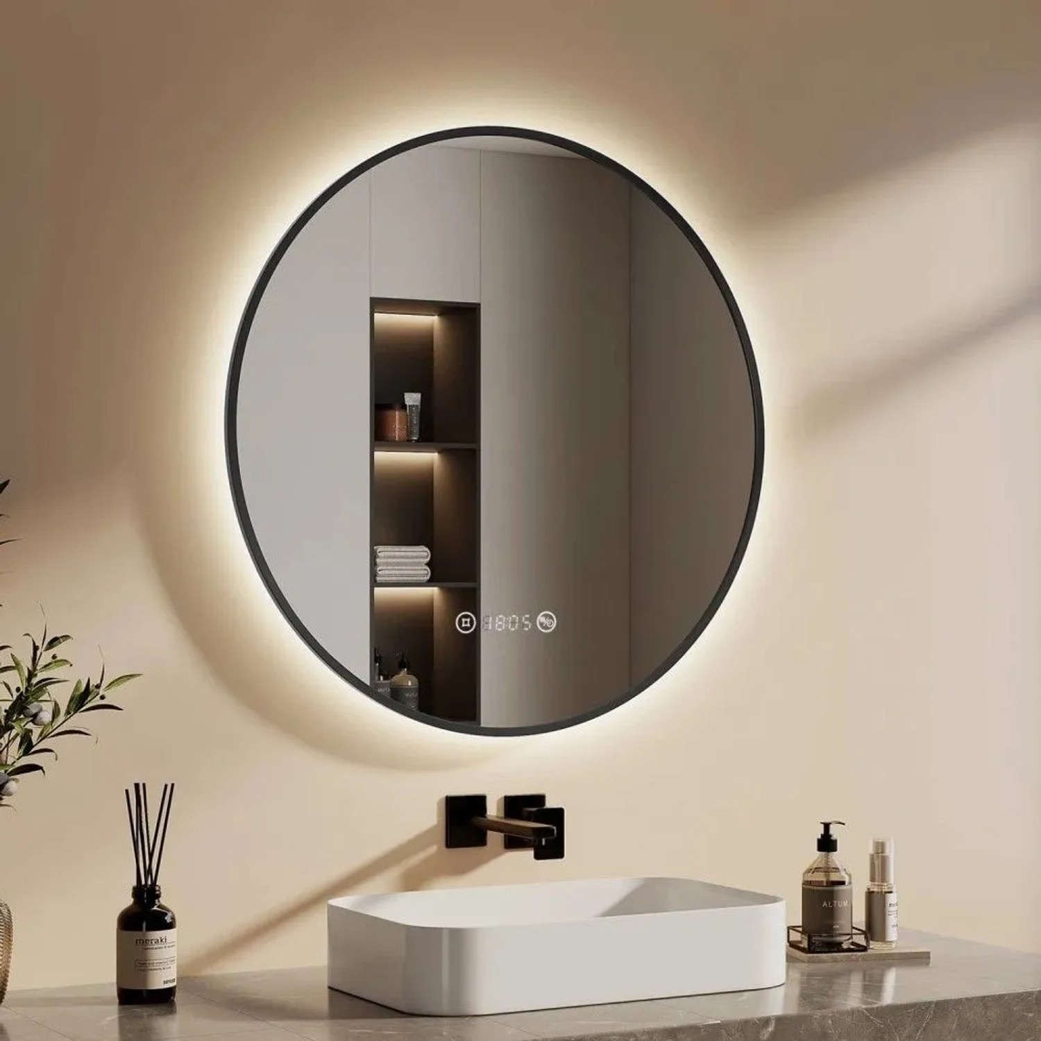 Emke Rund LED Badspiegel 80 cm Spiegel mit Beleuchtung Schwarzer Antibeschlage Uhr Temperatur Dimmbar Neutrales Licht