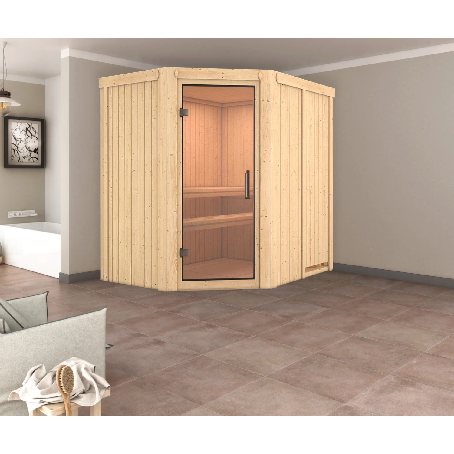 Karibu Sauna Cleo mit Glastür und Bio-Ofen im Raum. Elementsauna aus Holz mit externer Steuerung.