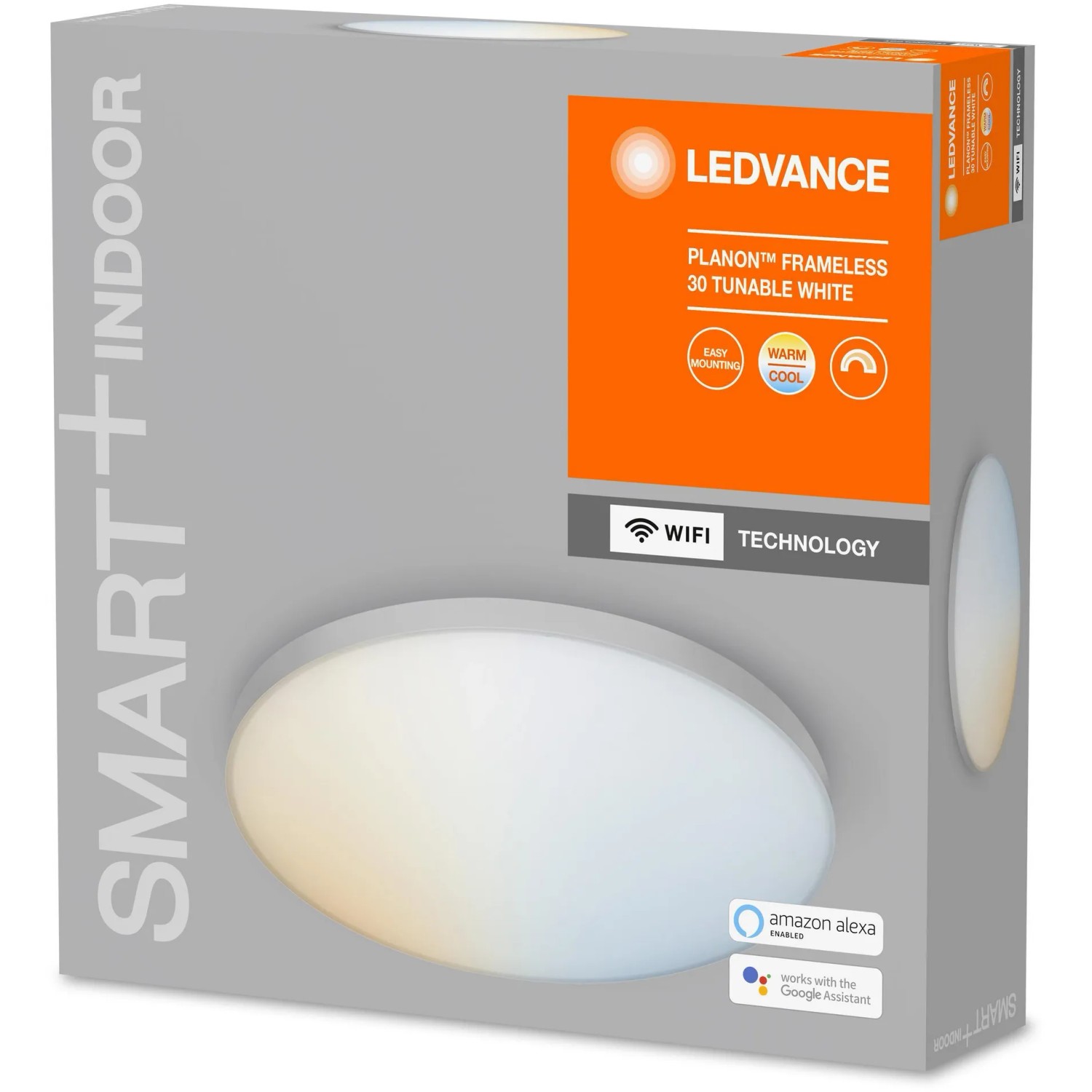 Ledvance Smart+ WiFi Deckenleuchte Planon, rahmenlos, Ø 30cm, Tunable White, Verpackung.