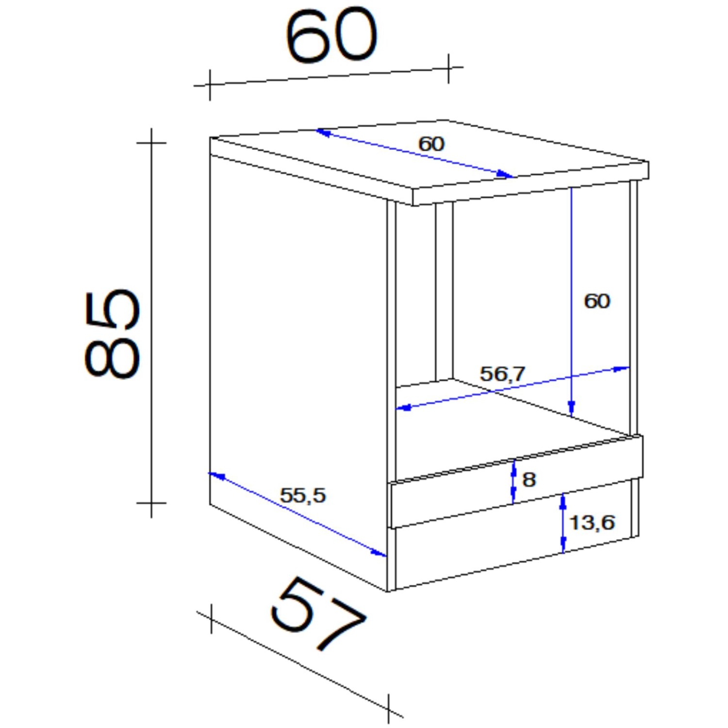 Technische Zeichnung: Flex-Well Herdumbauschrank Capri, 60 cm, Maße und Details.