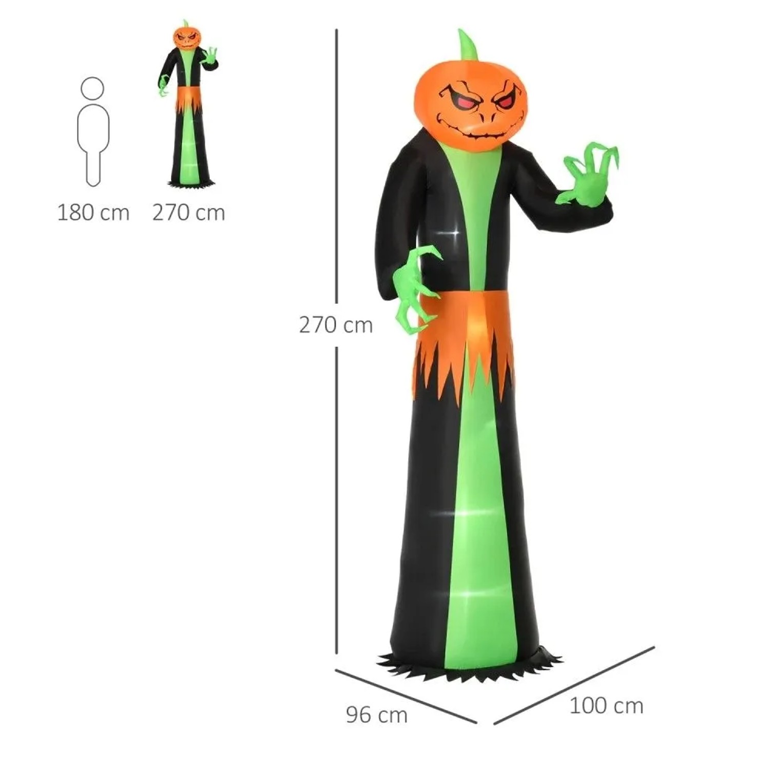 Große aufblasbare Halloween Kürbis Figur mit LED, schwarz-grünem Gewand und orangefarbenem Kopf, 270 cm hoch.