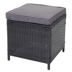 Dunkelgrauer Poly-Rattan Hocker mit Kissen für die Gartenmöbel Garnitur.