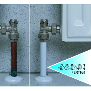 Ximax Schnappfix: Vorher-Nachher-Vergleich der Rohrverkleidung für Heizungsrohre, 8er-Set.