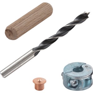 wolfcraft Dübel-Set, 25-teilig: Dübel, Holzbohrer, Tiefenstopp und Dübelfix für präzise Holzverbindungen.