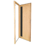 Geöffnete, naturbelassene Panto Holz-Nebeneingangstür NET 510 mit Glasausschnitt.