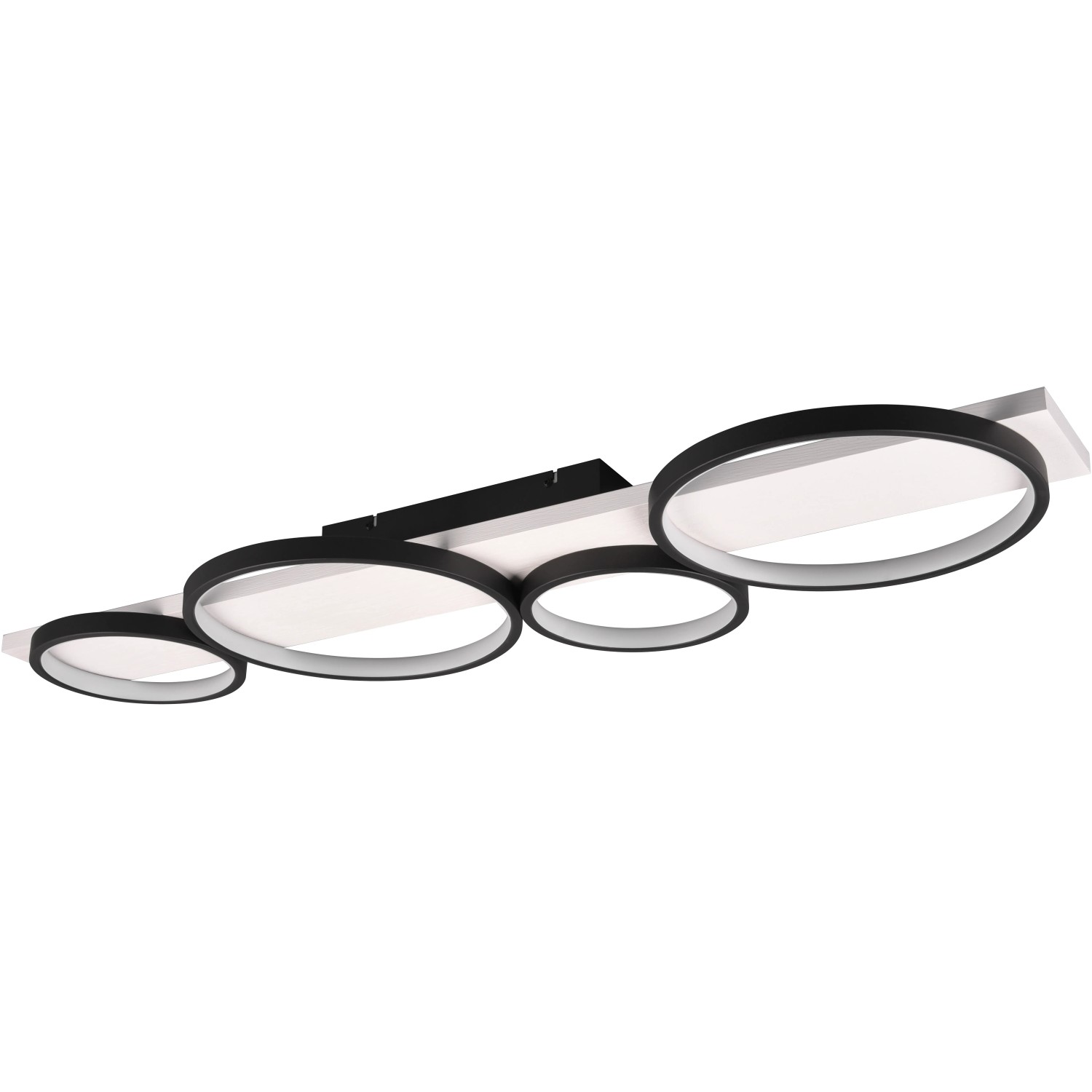 Moderne Trio LED Deckenleuchte Medera, schwarz matt, mit vier runden Leuchtelementen.