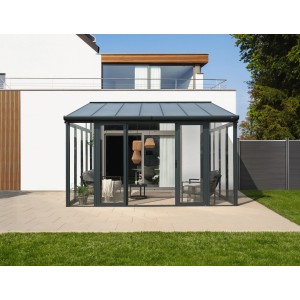 Home Deluxe Wintergarten AMARIS, anthrazitfarbener Pavillon mit Glasfronten und Sitzmöbeln.