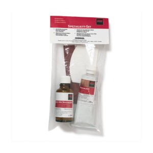 HARO Spezialkitt Eiche Set: Reparaturpaste, Lack, Spachtel und Schleifpapier für Laminat und Parkett.