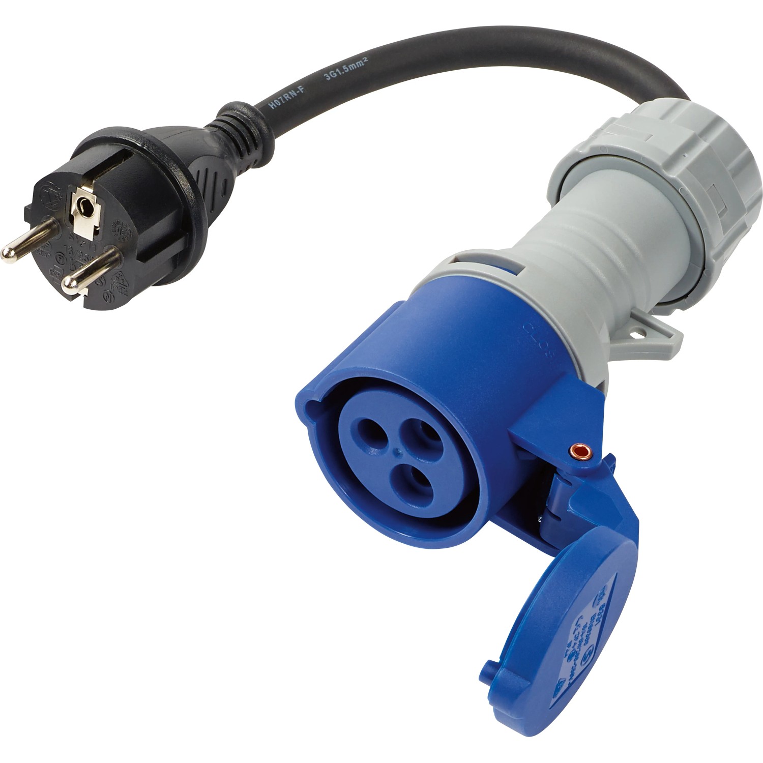 Blau-graue CEE Kupplung auf Schutzkontaktstecker, 3-polig, IP44 für Elektroanschluss.