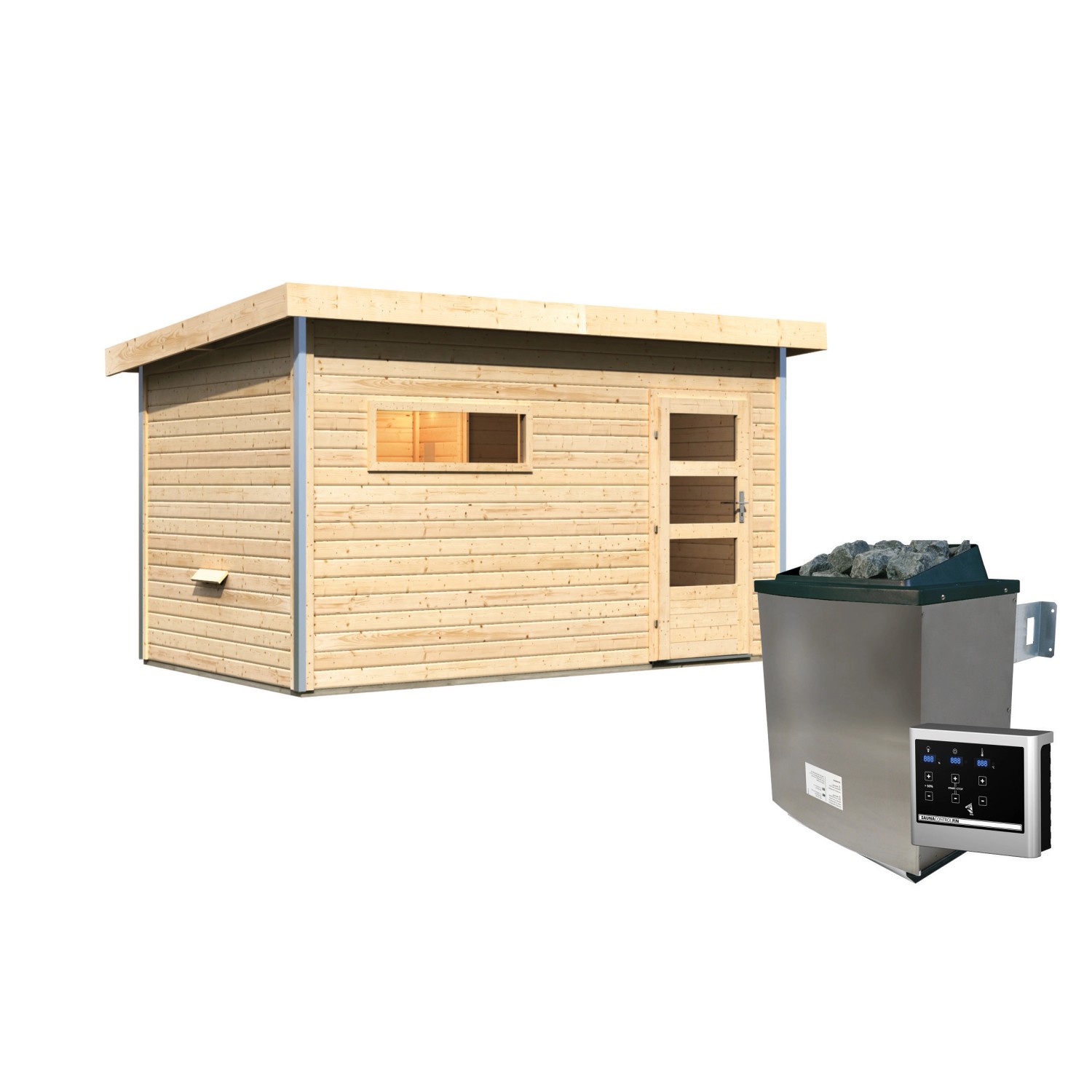 Karibu Saunahaus Hendrik 3 mit Ofen und Steuerung. Holzsauna mit Tür, Fenster und Saunaofen.