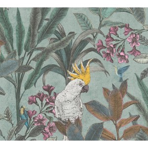 A.S. Création Vliestapete mit Dschungelmotiv in Grün, Pink und Braun mit Kakadu und Kolibri.