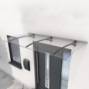 Modernes Gutta Vordach PT Secco in Anthrazit. Pultvordach mit klarer Polycarbonat-Platte und Aluminium-Halterung.
