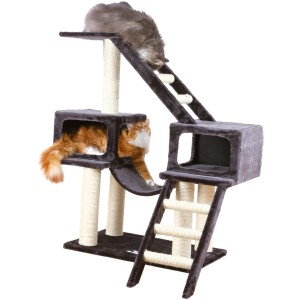 Trixie Kratzbaum Malaga, 109 cm, anthrazit mit zwei Katzen beim Klettern und Spielen.