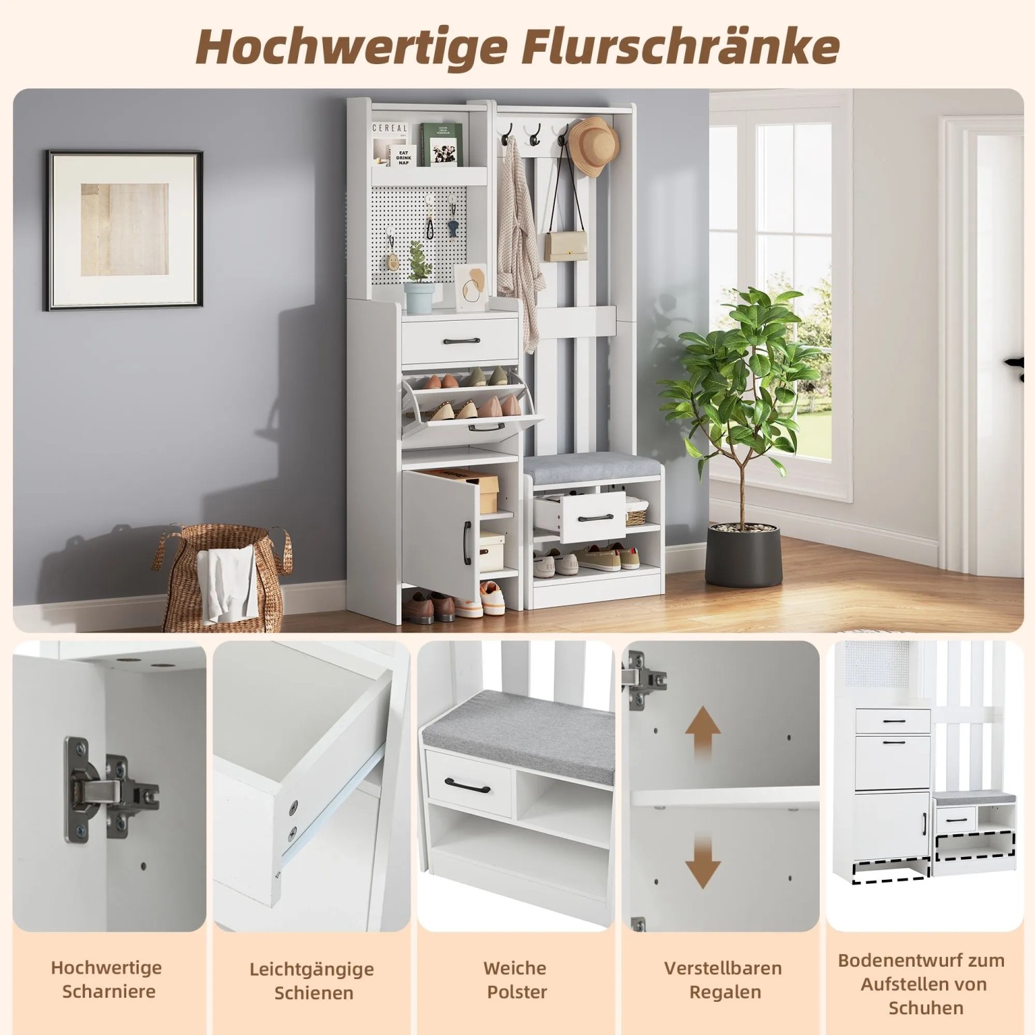 okwish Garderobenständer mit Schuhbank 7 Haken Flur 110x35x175cm Weiß_6