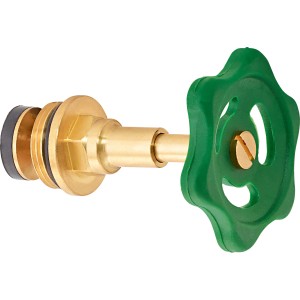 Schrägsitzventil 26,4 mm (G 3/4) aus Messing mit grünem Handrad zur Durchgangsregulierung.