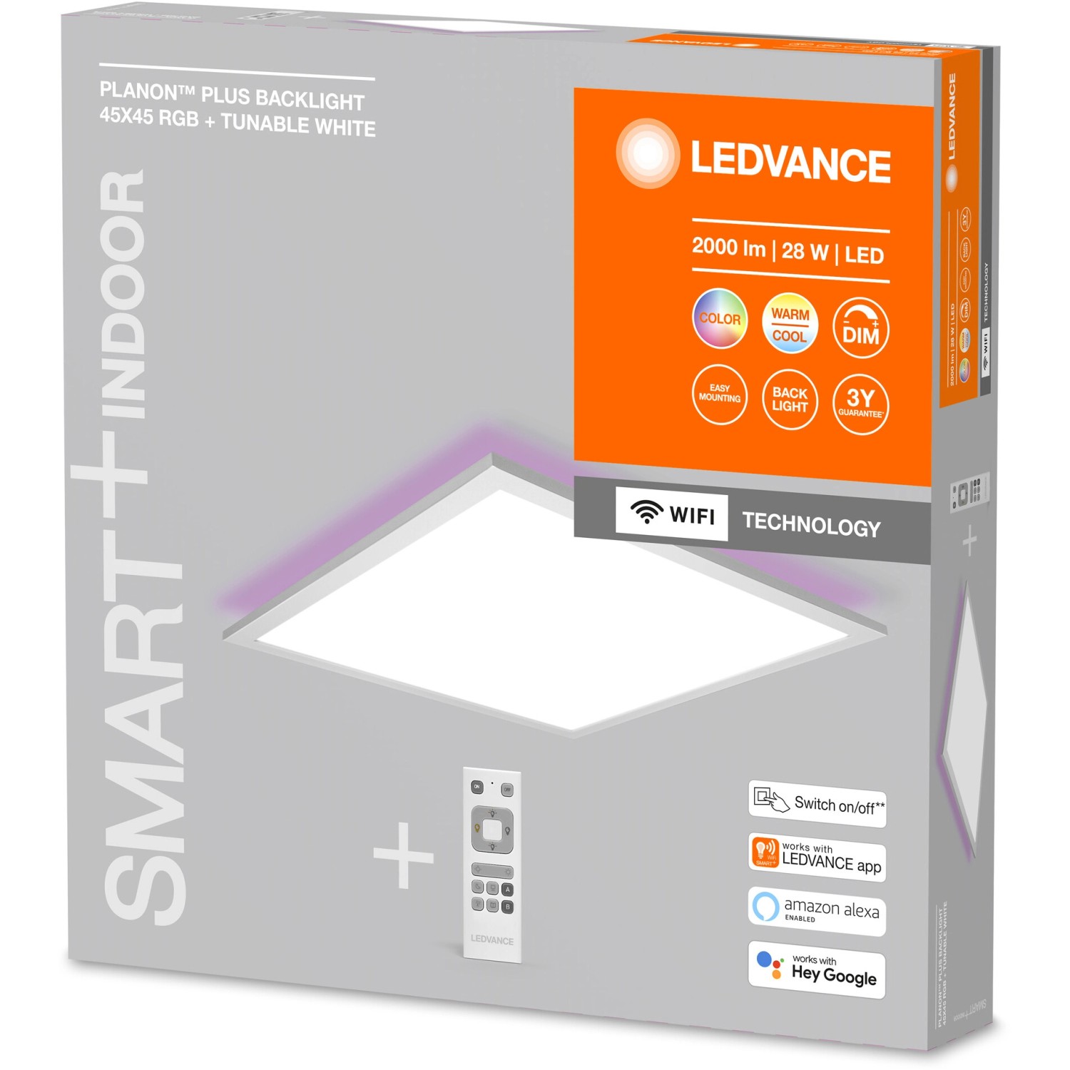 Verpackung der Ledvance LED-Deckenleuchte Planon Plus 45x45 cm mit Fernbedienung.