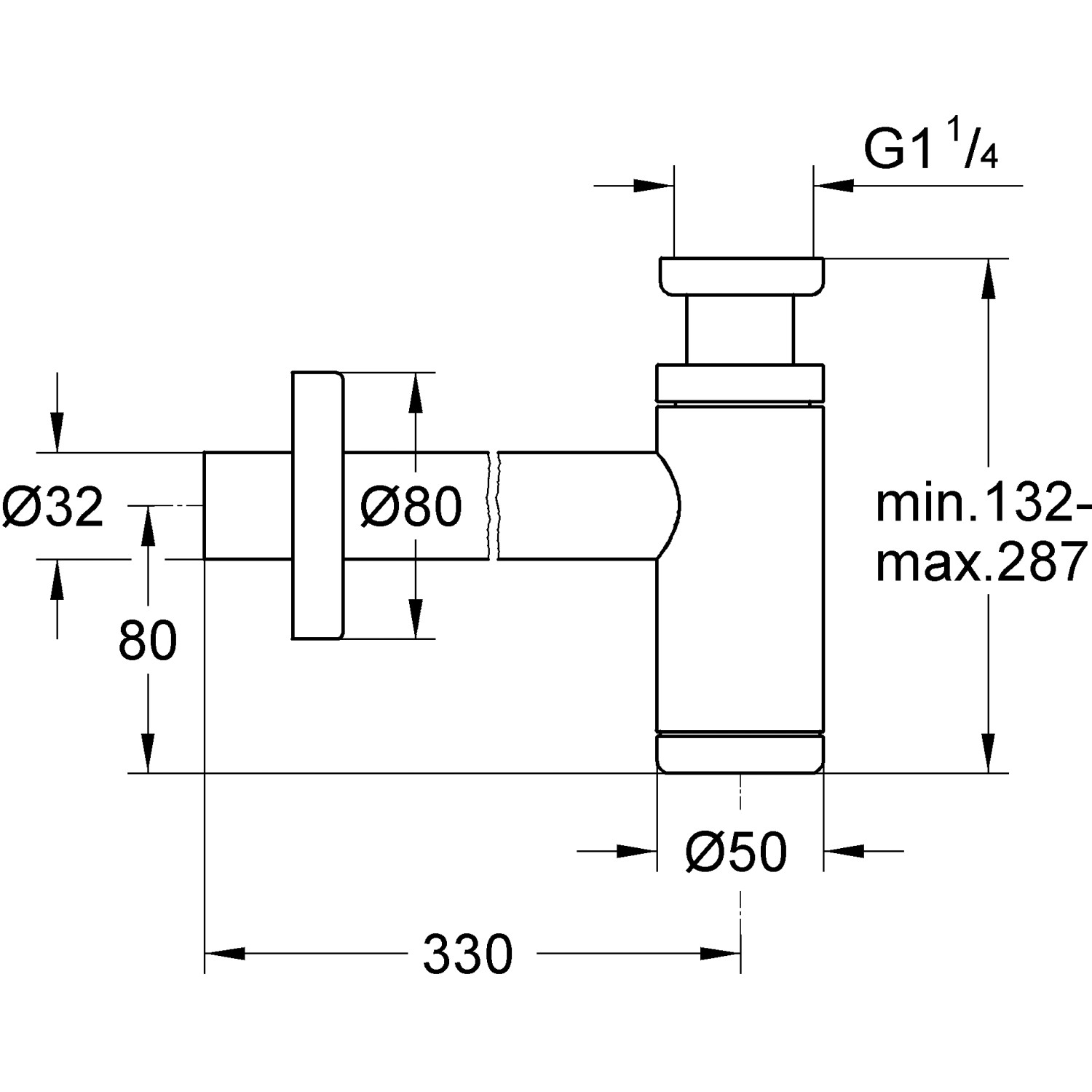 Technische Zeichnung: Grohe Geruchsverschluss Waschtisch 1 1/4 Hard Graphite mit Maßen.