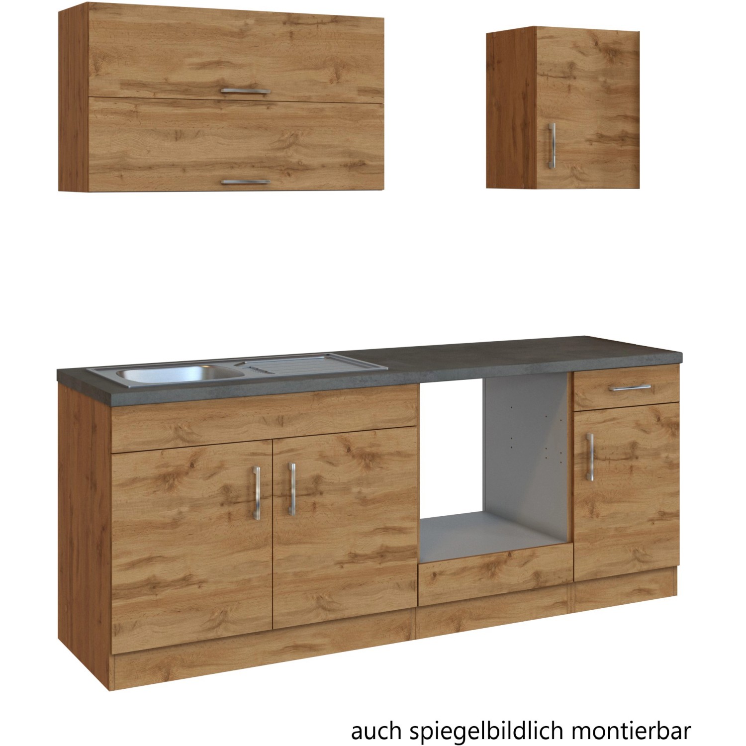 Küchenzeile Sorrento 210 cm in Wotaneiche Optik, ohne Elektrogeräte.