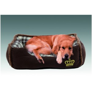 Braunes Hunde- und Katzenbett „Krone“ mit kariertem Innenmuster und liegendem Golden Retriever.