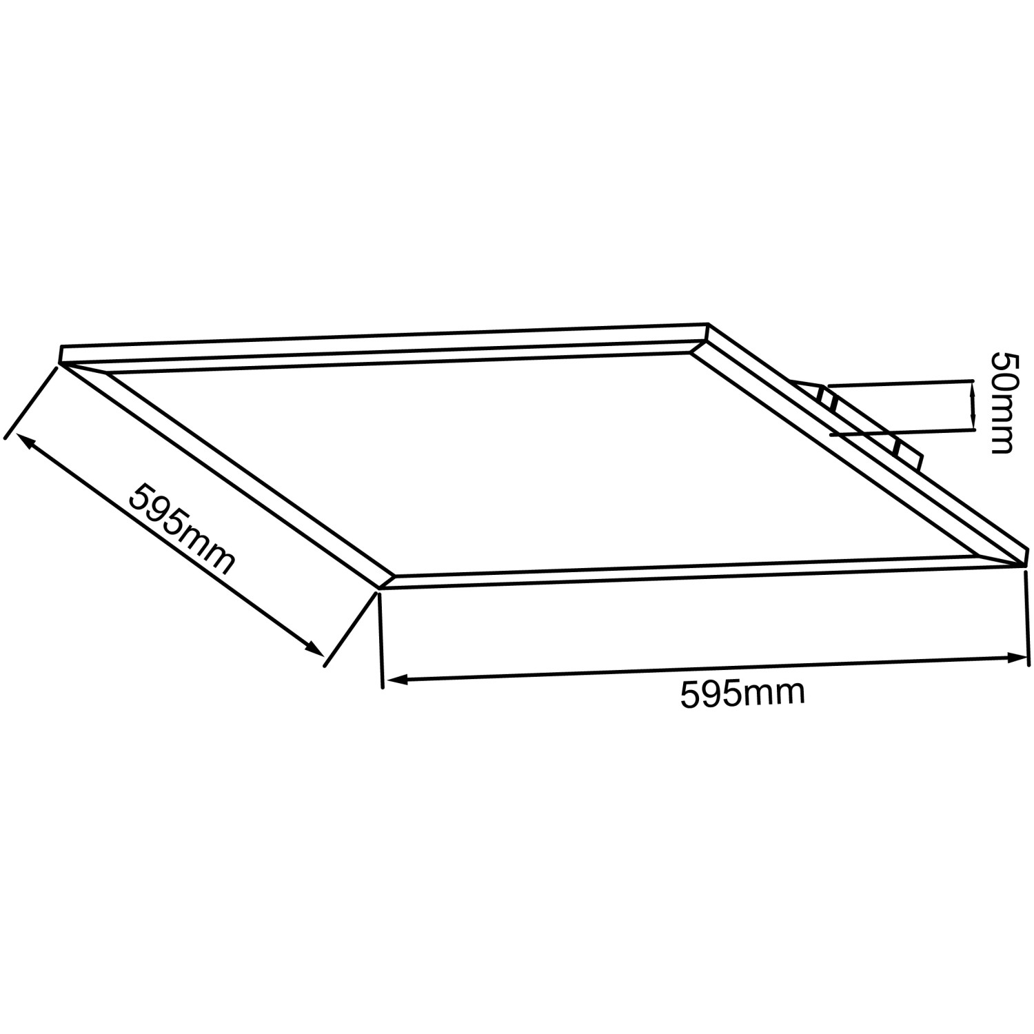 Technische Zeichnung: Weißes, eckiges LED-Deckenaufbau-Paneel Buffi, 60x60 cm, mit Maßangaben.
