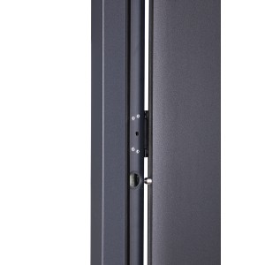 Detailaufnahme: Pordo Stahl-Nebeneingangstür G2, Anthrazit, Anschlag links, Tresor-Bolzenverriegelung.