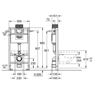 Technische Zeichnung Grohe Rapid SL für Wand-WC, Maße und Details für Trockenbau.