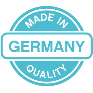 Siegel "Made in Germany Quality" in türkis.