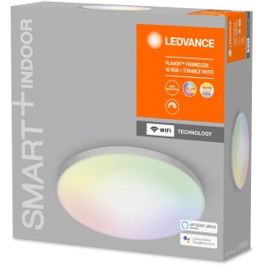 Verpackung der Ledvance Smart+ WiFi Deckenleuchte Planon, rahmenlos, mit Farbwechsel.