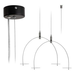 Eglo Seilabhängung-Set Suspension Schwarz. Schwarzer Deckenbaldachin mit mehreren silbernen, höhenverstellbaren Lampen-Kabeln.
