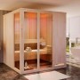 Finntherm Sauna Oda aus Naturholz mit Glastür, 244x194 cm, 40 mm Wandstärke.