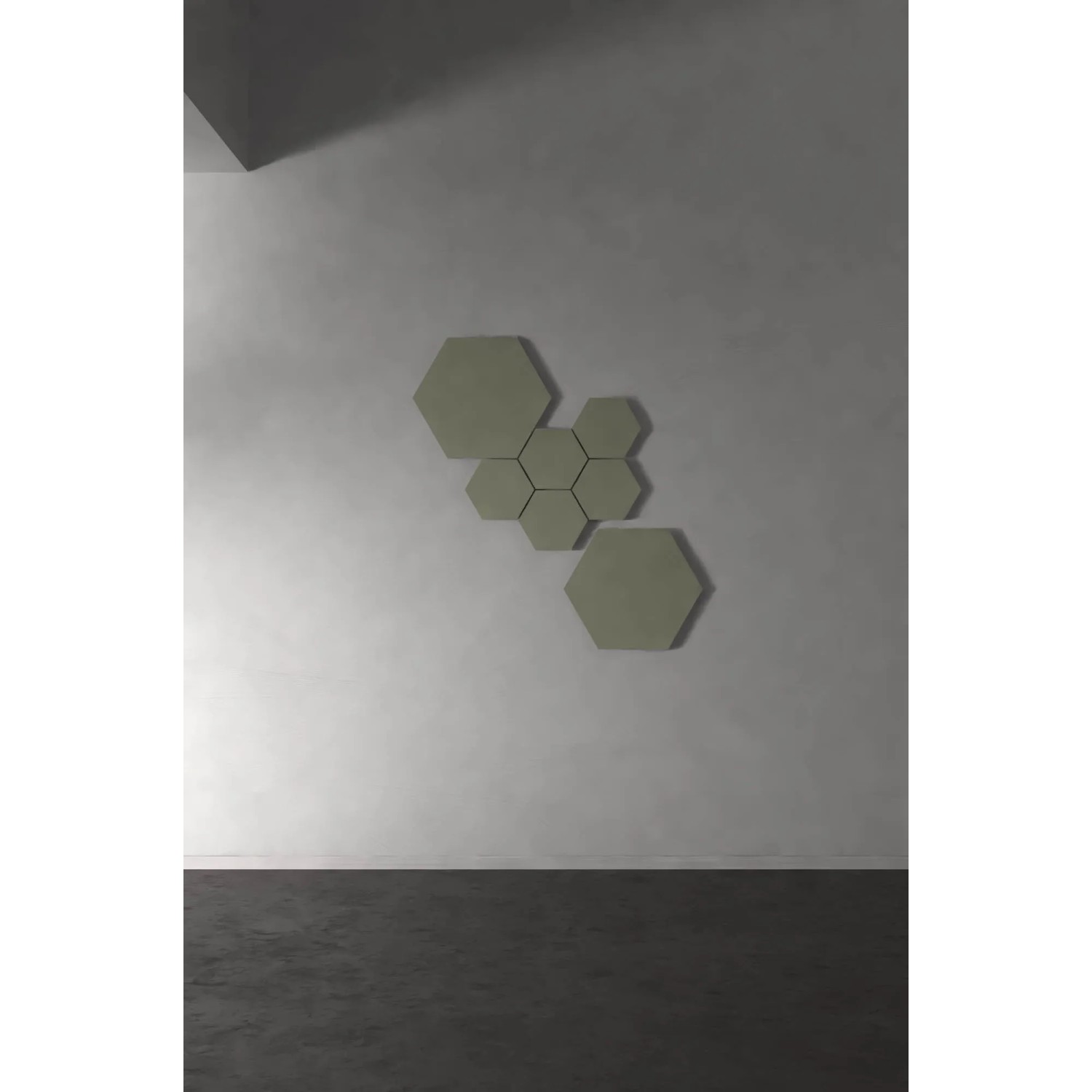 Olivefarbene Akustikpaneele in Hexagonform, 3er Set, zur Wandmontage.