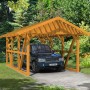 Skan Holz Carport Schwarzwald Eiche, 424x600 cm mit Auto. Satteldach-Carport aus Holz mit Dachlattung.