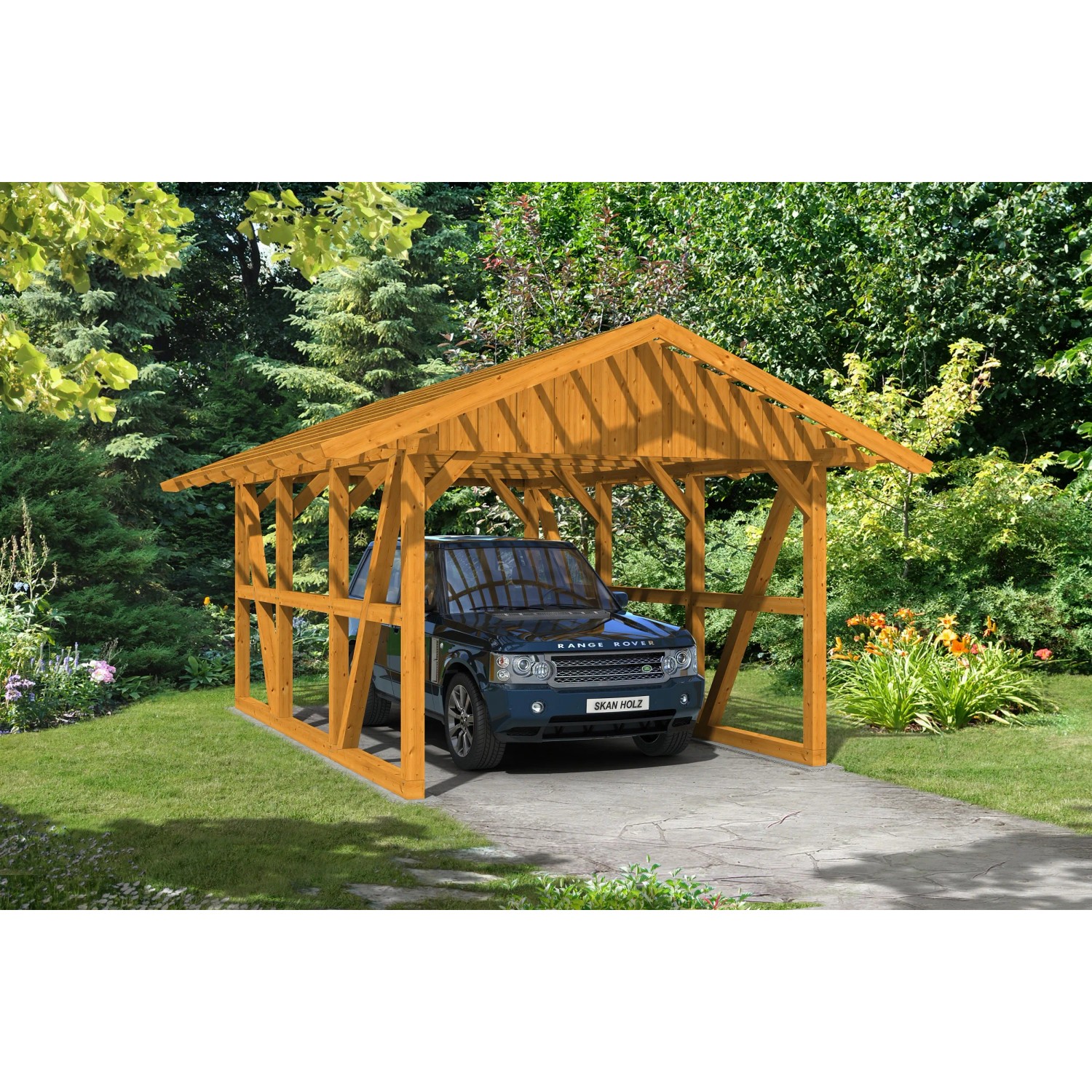Skan Holz Carport Schwarzwald Eiche, 424x600 cm mit Auto. Satteldach-Carport aus Holz mit Dachlattung.