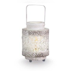 Laternenförmige Eglo Tischleuchte Talbot in Schwarz-Patina mit filigranem Muster.