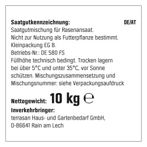 Detail der Verpackung von OBI Strapazier-Rasen 10 kg mit Saatgutkennzeichnung und Gewichtsangabe.