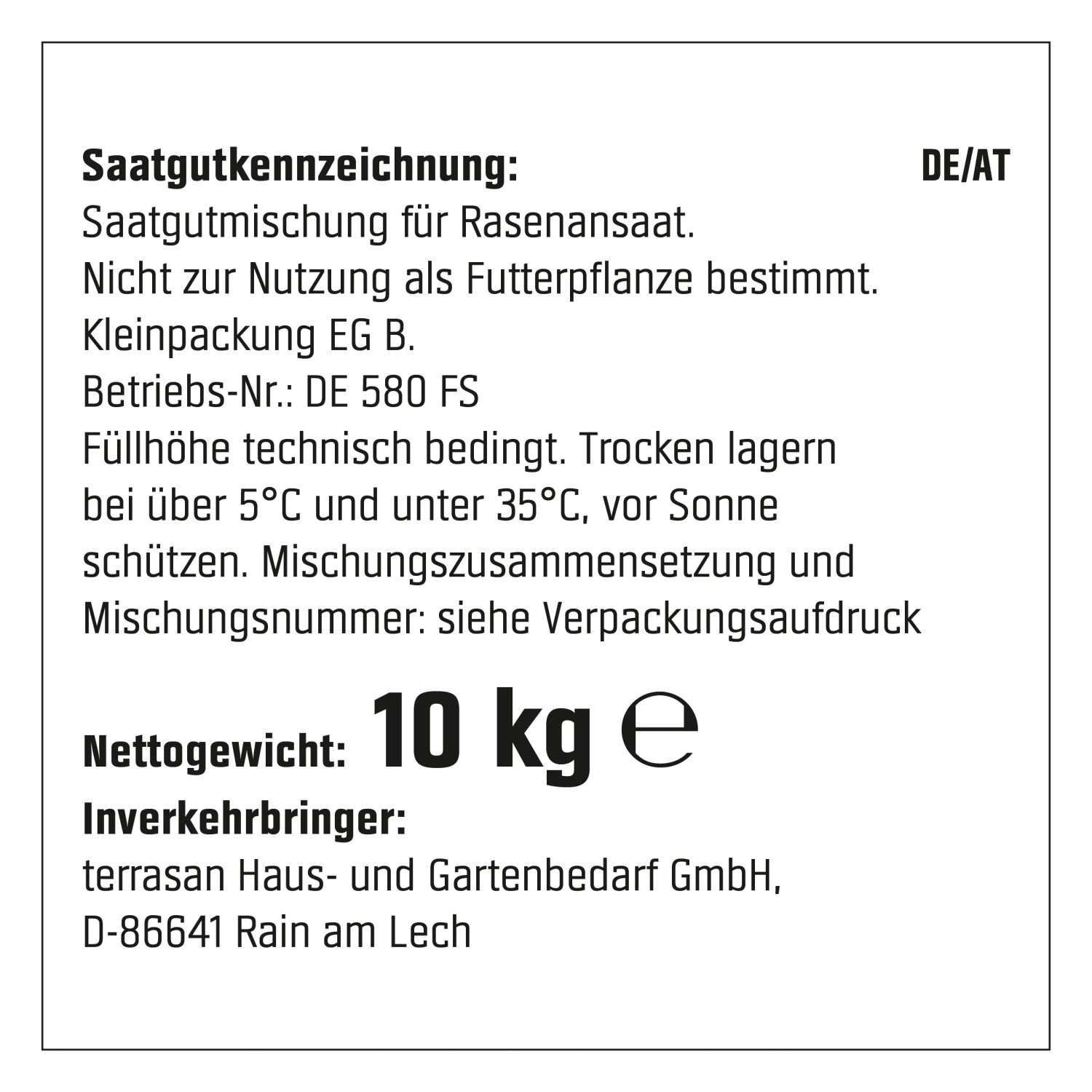 Detail der Verpackung von OBI Strapazier-Rasen 10 kg mit Saatgutkennzeichnung und Gewichtsangabe.
