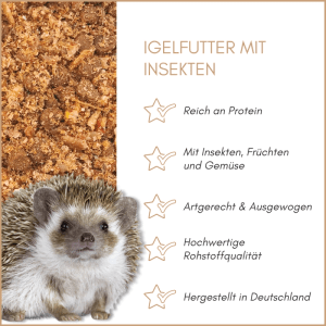Supravit Igelfutter mit Insekten und Nüssen. Braune Futterpellets, ein Igel. Proteinreiche, artgerechte Mischung.