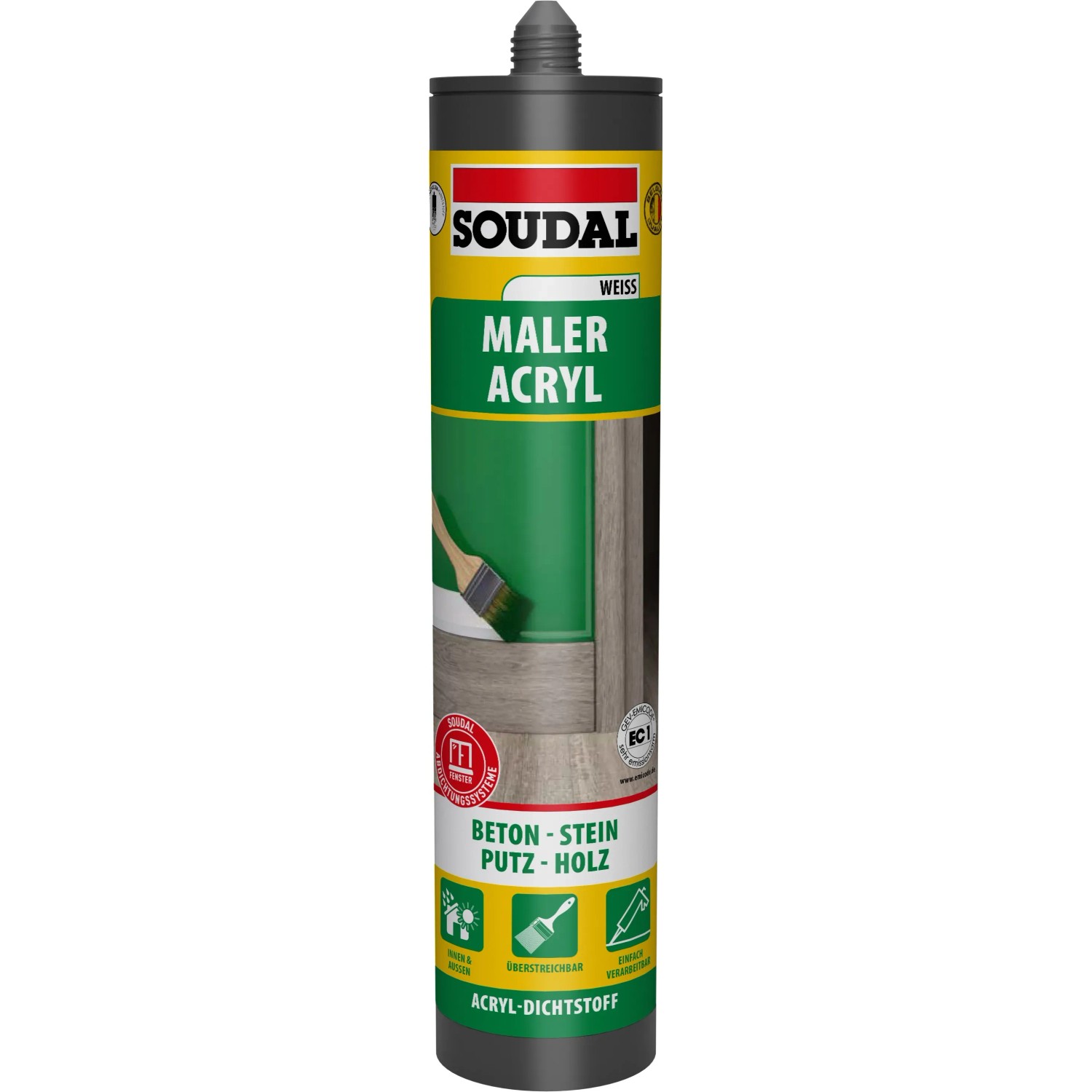 Soudal Maleracryl Weiß 300ml Kartusche für Innen- und Außenanwendungen.