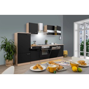 Respekta Küchenzeile in Schwarz und Eiche Sägerau Optik, ohne E-Geräte, 280 cm breit.