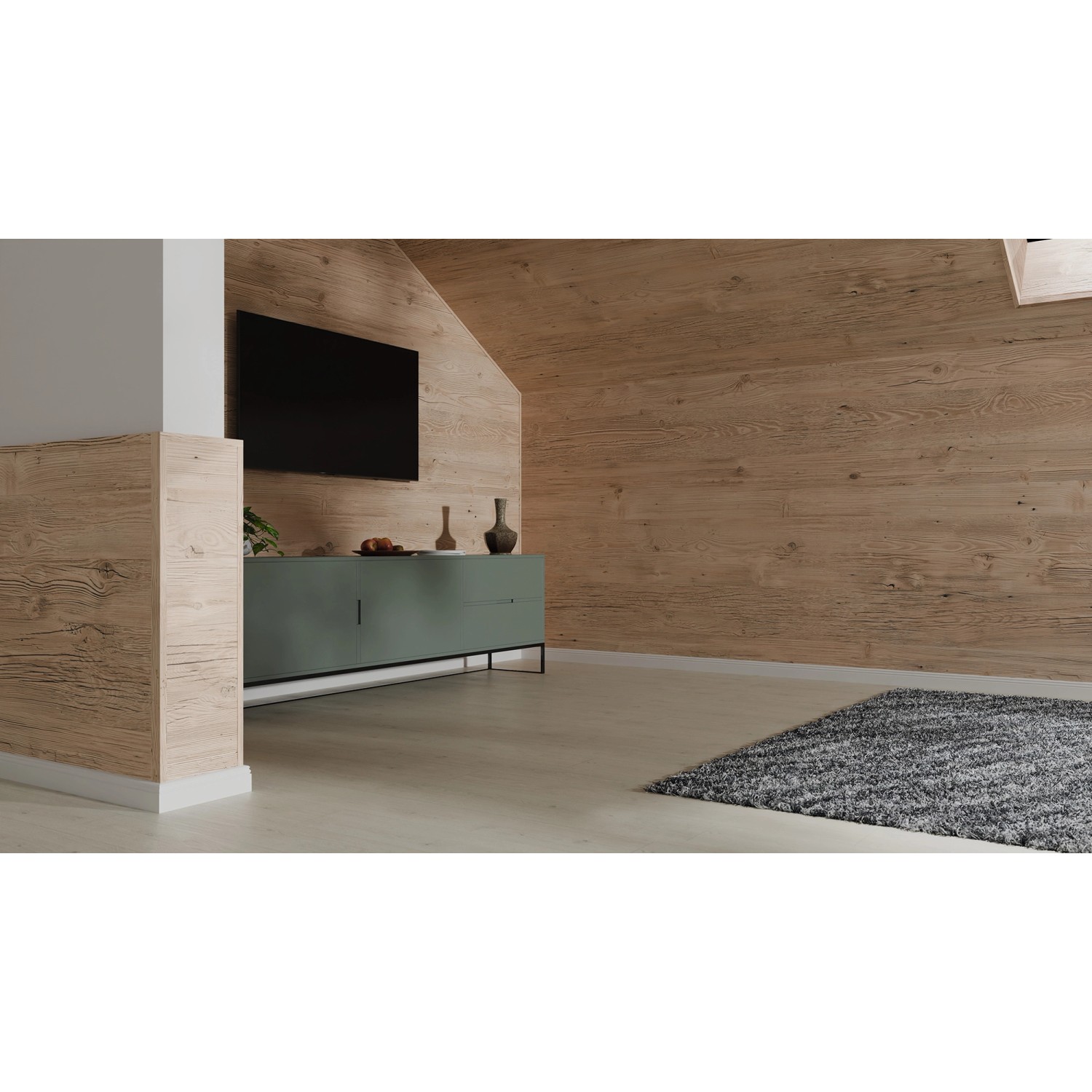 Raum mit Egger Decowall Faltleiste FL006 Namur Fichte als Wandverkleidung.