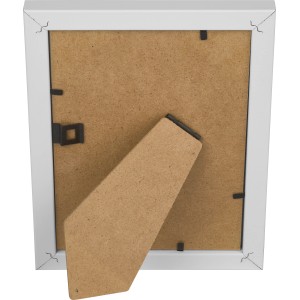 Rückseite des weißen MDF-Bilderrahmens (13x18 cm) mit Aufsteller.