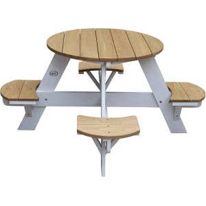 Runder, braun-weißer Axi UFO-Picknicktisch aus Holz für Kinder, ideal für Garten & Spiel.