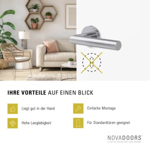 Novadoors Türgriffgarnitur Nova Mio aus Edelstahl, rosettenlos für Innentüren. Modernes Design, guter Griff, einfache Montage.