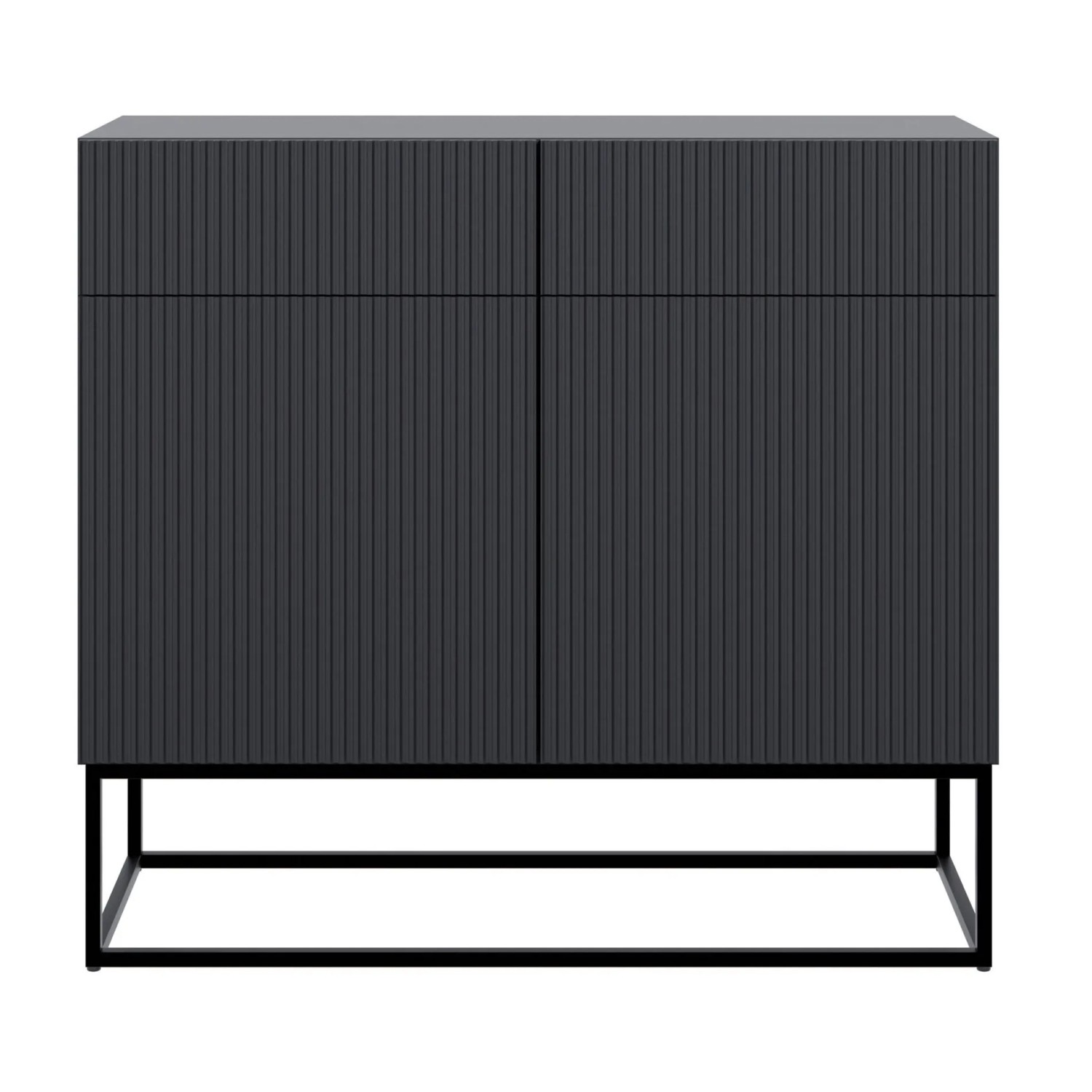Modernes Selsey Sideboard Veldio 100 cm, schwarz, mit geriffelter Front, 2 Schubladen und schwarzen Metallbeinen.