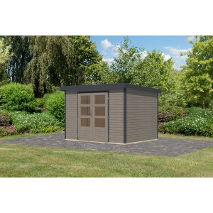 Karibu Gartenhaus Diego in Wassergrau/Anthrazit mit Doppeltür und Fenster, im Garten.
