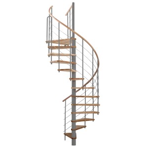 Minka Spindeltreppe Venezia Buche grau, Ø 120 cm, mit Holzhandlauf und Edelstahlgeländer.