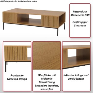 Couchtisch MCW O39 in Natur mit Ablage, Lamellen-Design und schwarzen Stahlfüßen.