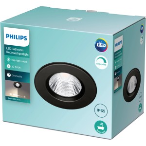 Verpackung eines schwarzen, runden Philips LED-Einbauspots Dive SL261, 5,5 W, 27 K, IP65.